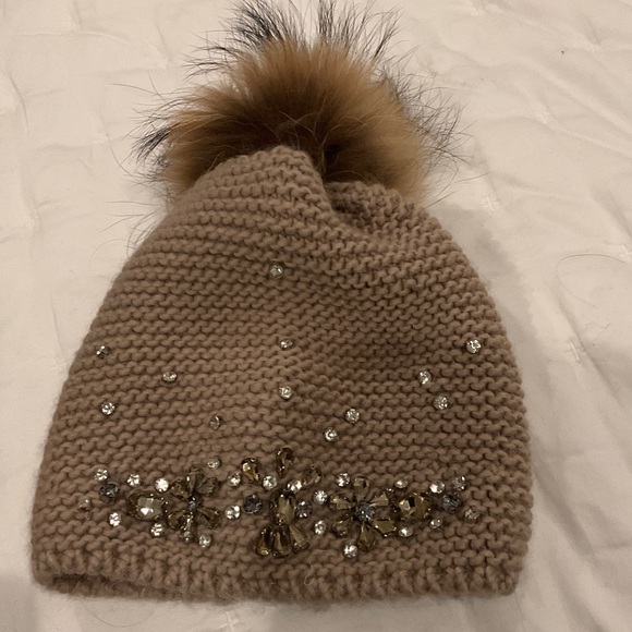 Echo Accessories - Beanie with crystal beading and fur Pom